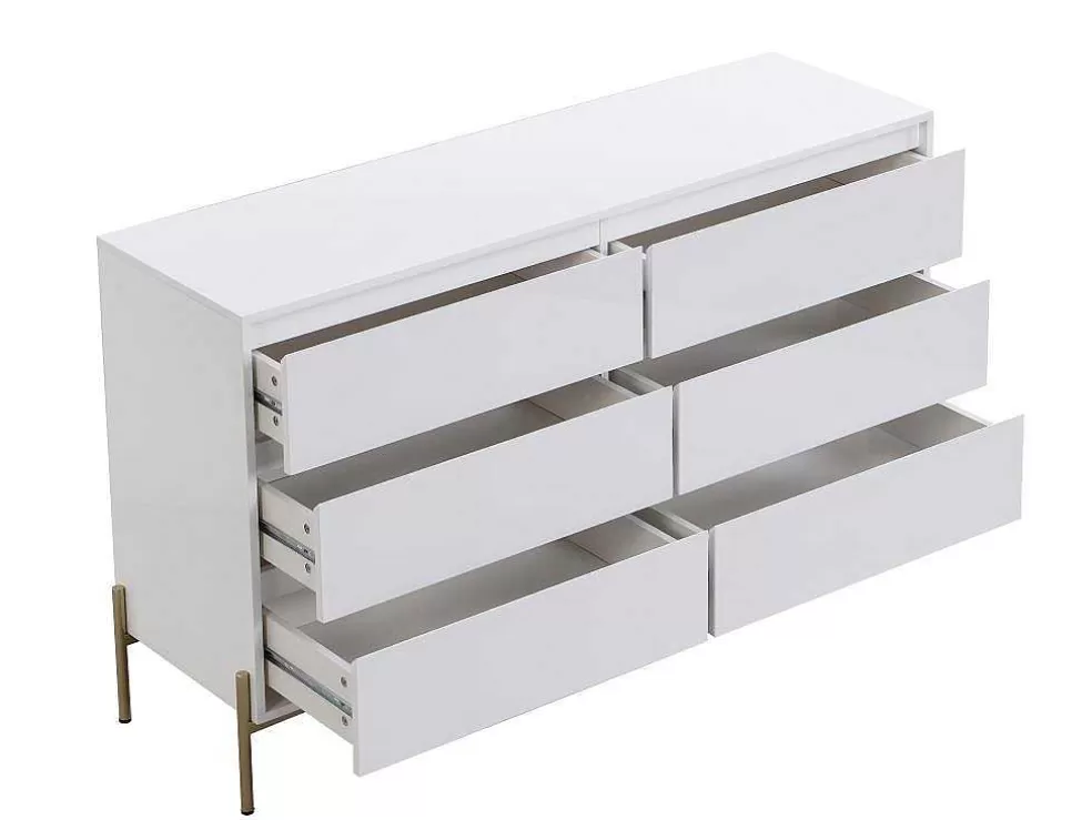 PASCAL MORABITO Cómoda 6 Gavetas, Mdf E Metal Lacado A Branco E Dourado - Korasa* Cómoda