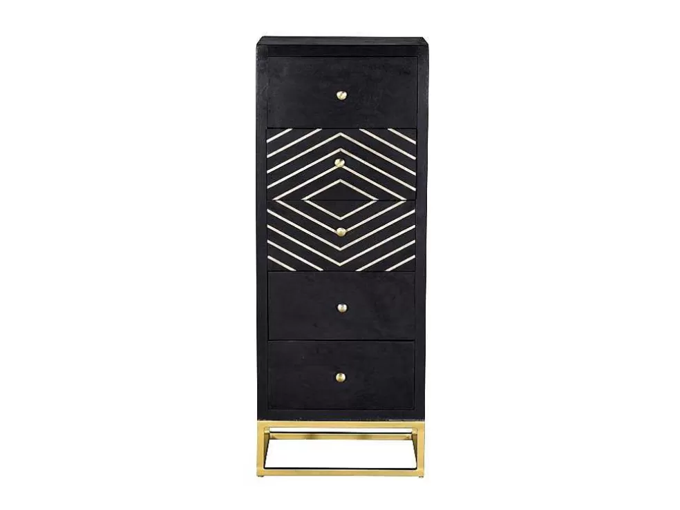 Vente-unique Cómoda Alta Art Deco Prismin - 5 Gavetas - Madeira De Mangueira E Metal - Preto E Dourado* Cómoda