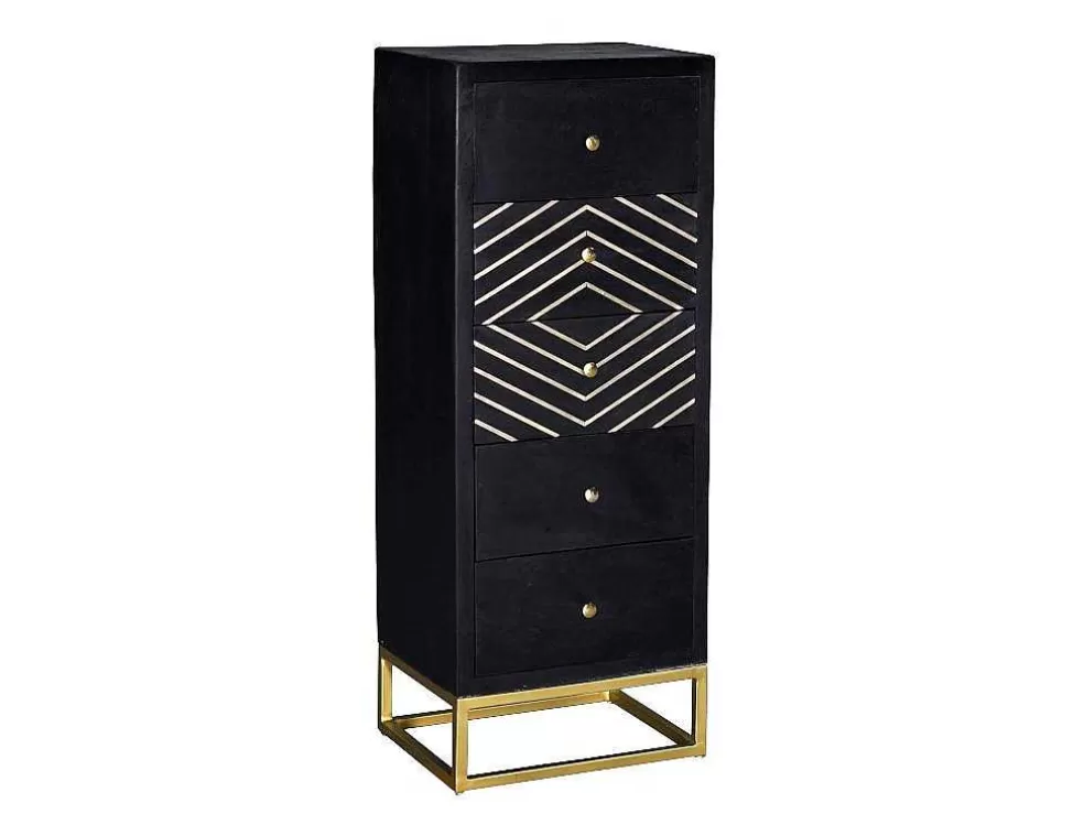 Vente-unique Cómoda Alta Art Deco Prismin - 5 Gavetas - Madeira De Mangueira E Metal - Preto E Dourado* Cómoda