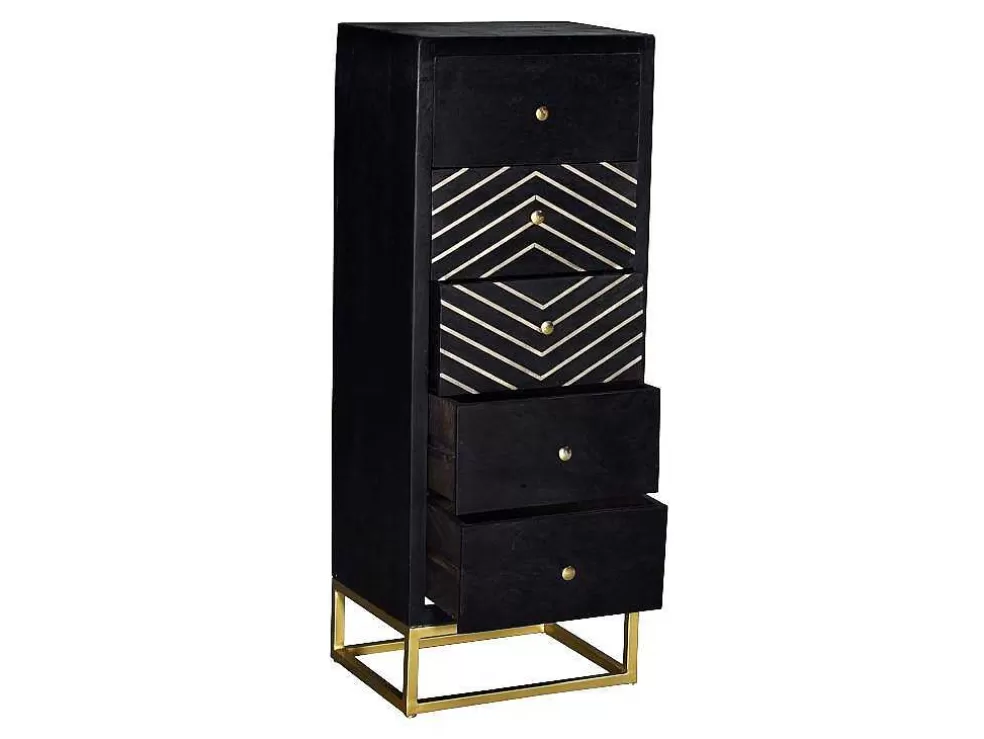 Vente-unique Cómoda Alta Art Deco Prismin - 5 Gavetas - Madeira De Mangueira E Metal - Preto E Dourado* Cómoda