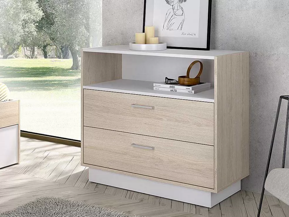 Vente-unique Cómoda Com 2 Gavetas E 1 Nicho Cor Natural E Branco - Leandre* Cómoda