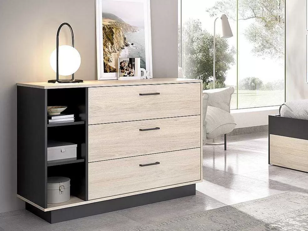 Vente-unique Cómoda Com 3 Gavetas E 3 Nichos Cor Natural E Antracite - Leandre* Cómoda