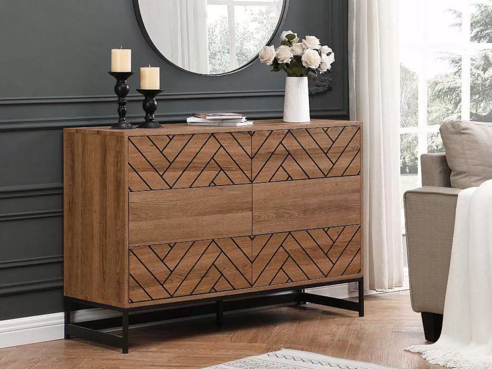 Vente-unique Cómoda Com 6 Gavetas Em Mdf E Aco Cor Natural E Preto - Caratana* Cómoda