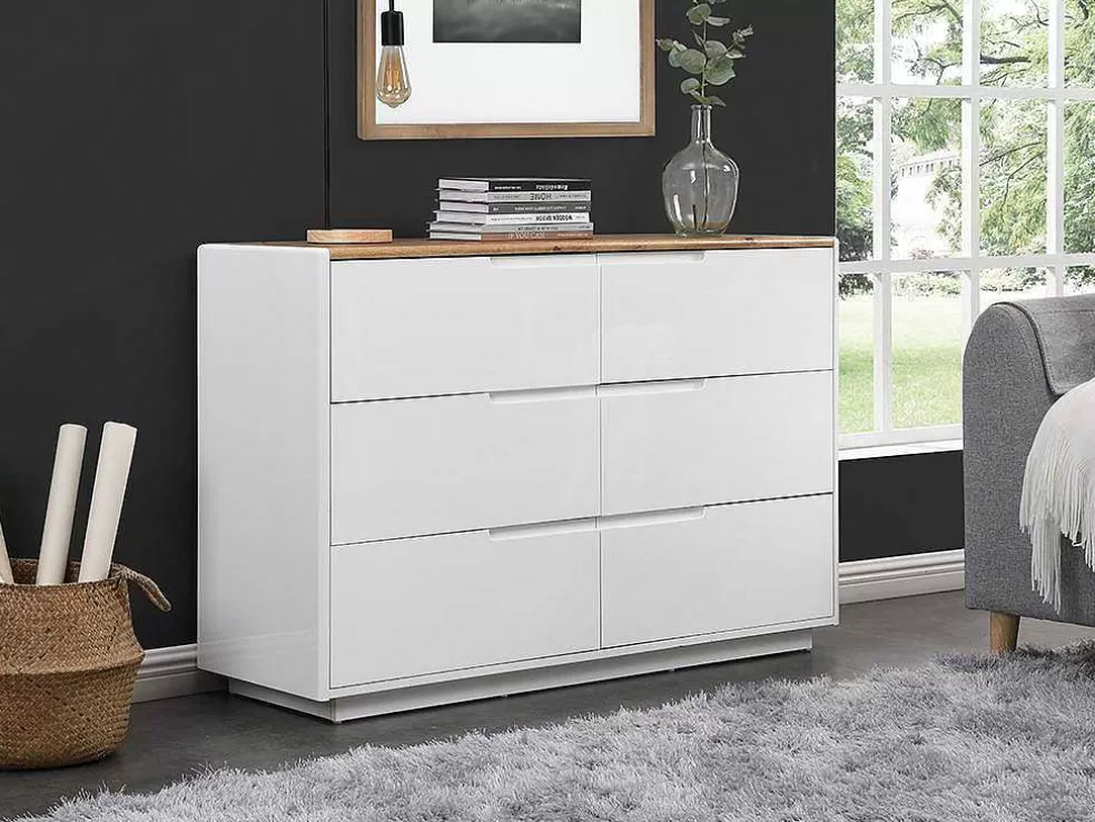 Vente-unique Cómoda Com 6 Gavetas Em Mdf Lacado A Branco E Cor Carvalho - Amani* Cómoda