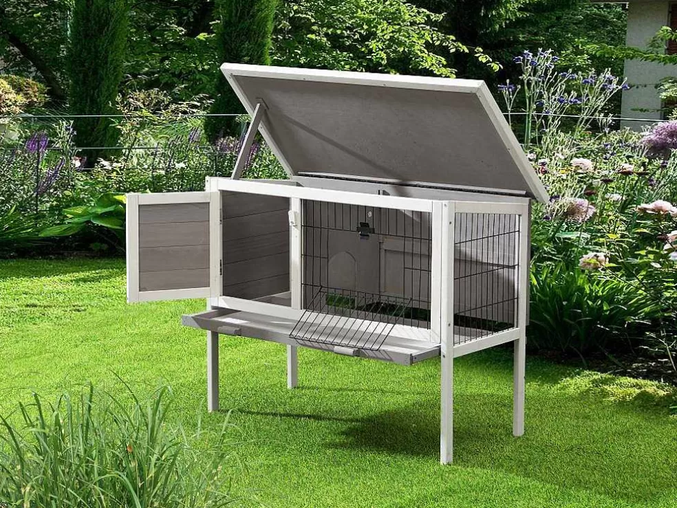 Vente-unique Coelheira De Madeira Para Coelhos E Roedores C91 X L45 X A70 Cm Branco E Cinza - Lapius* Acessórios Para Animais De Estimação