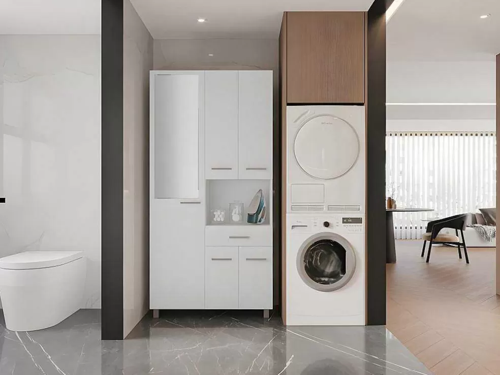 Vente-unique Coluna De Casa De Banho Com Espelho De Pe 180 Cm Branco - Minela* Coluna De Casa De Banho