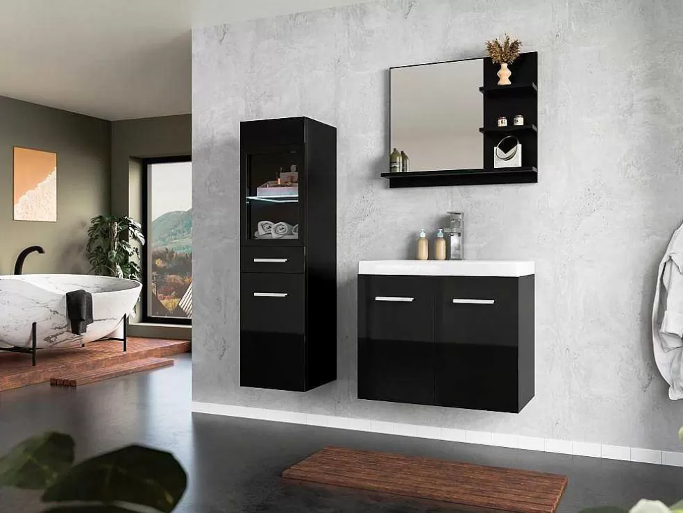 Vente-unique Coluna De Casa De Banho Preto Com Leds C30 X L30 X A109 Cm - Laurine* Coluna De Casa De Banho