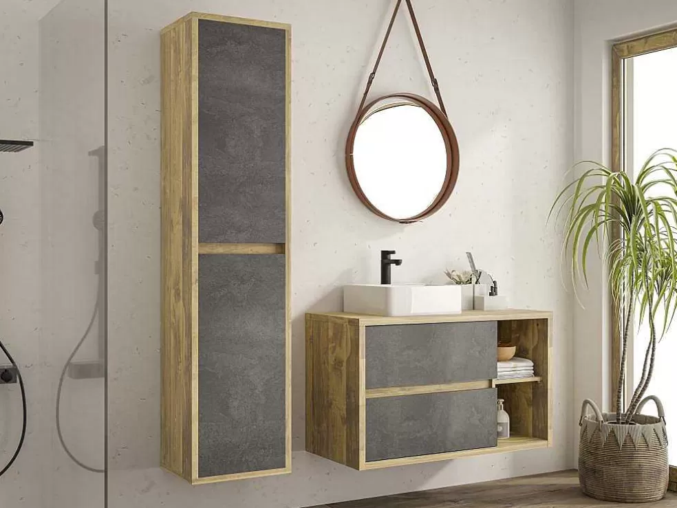 Vente-unique Coluna De Casa De Banho Suspensa Cor Natural E Antracite A170 Cm - Tikitiki* Coluna De Casa De Banho