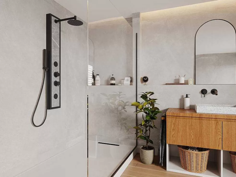 Shower & Design Coluna De Duche De Hidromassagem Preta Com Decoração Pedra A127 X L48,5 Xm - Letiya* Promoções Casa De Banho & Bem-Estar