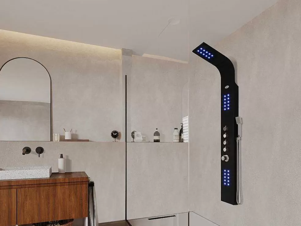 Shower & Design Coluna De Duche Hidromassagem Termostatico Com Leds Felicita - 20 X 165 Cm - Preto* Coluna De Duche