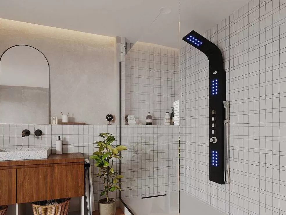 Shower & Design Coluna De Duche Hidromassagem Termostatico Com Leds Felicita - 20 X 165 Cm - Preto* Coluna De Duche
