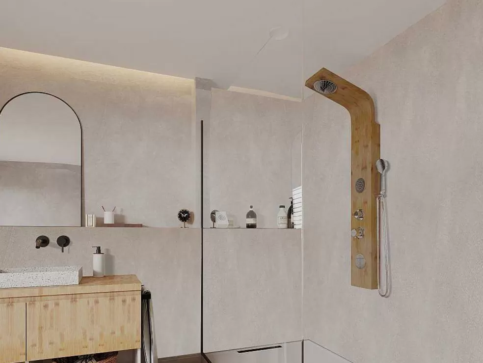 Shower & Design Coluna De Duche Hidromassagem Tissia, Chuva Tropical E Painel Em Bambu - 20*140 Cm* Coluna De Duche