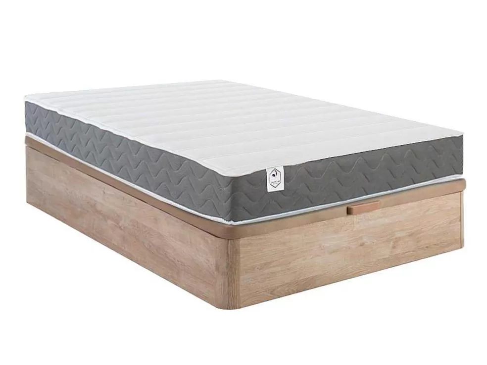 DREAMEA Conjunto Artigos De Cama 140 X 190 Cm Sommier Com Espaco De Arrumação Natural Claro + Colchão De Espuma Hd - Heaven Da * Conjunto Colchão E Sommier