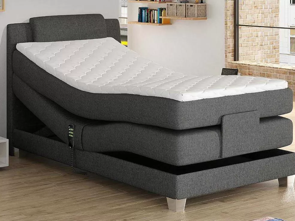 Palacio Conjunto Boxspring Cabeceira De Cama + Sommier De Relaxamento Eletrico + Colchão + Sobrecolchão Castel Da - 100X200 Cm -Tecido Cinzento Claro* Cama Articulada