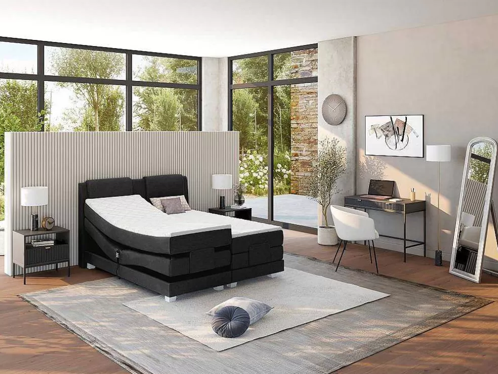 Palacio Conjunto Boxspring Cabeceira De Cama + Sommier De Relaxamento Eletrico + Colchão + Sobrecolchão Castel Da - 2X80X200 Cm - Tecido Antracite* Cama Articulada