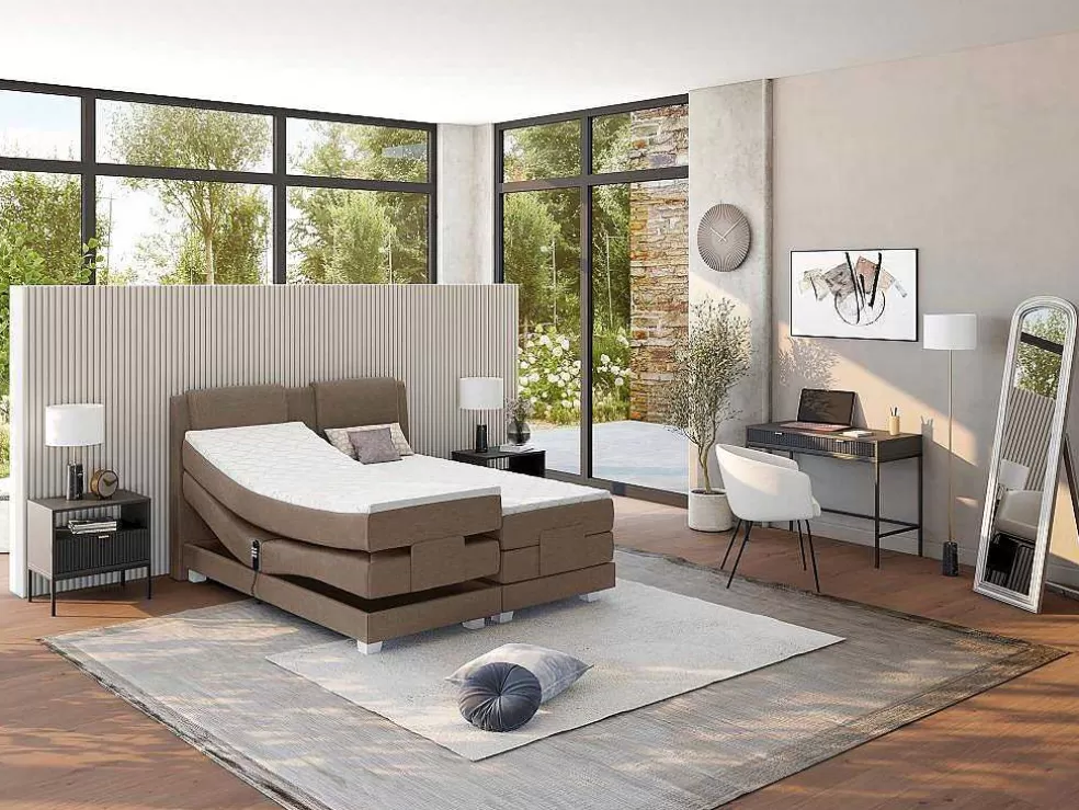 Palacio Conjunto Boxspring Cabeceira De Cama + Sommier De Relaxamento Eletrico + Colchão + Sobrecolchão Castel Da - 2X80X200 Cm - Tecido Bege* Cama De Adulto
