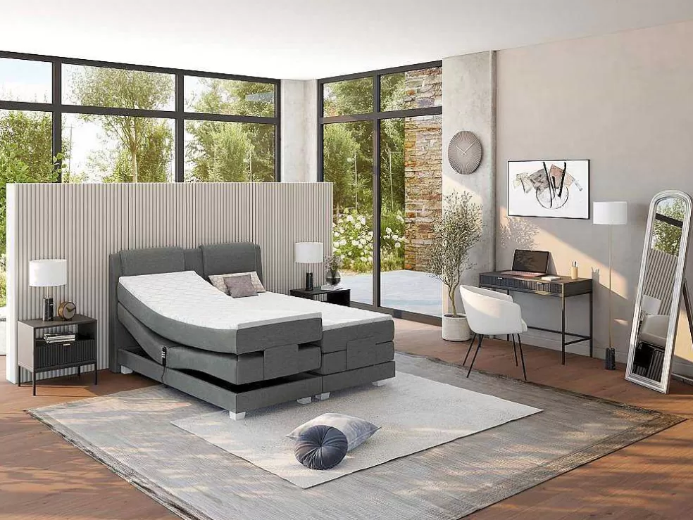 Palacio Conjunto Boxspring Cabeceira De Cama + Sommier De Relaxamento Eletrico + Colchão + Sobrecolchão Castel Da - 2X80X200 Cm - Tecido Cinza Claro* Cama Articulada
