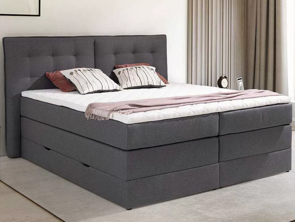 Palacio Conjunto Boxspring Cabeceira De Cama + Sommiers Com Arrumação + Colchão + Sobrecolchão, 160 X 200 Cm, Tecido Antracite - Perama Da * Cama Boxspring, Cama Continental