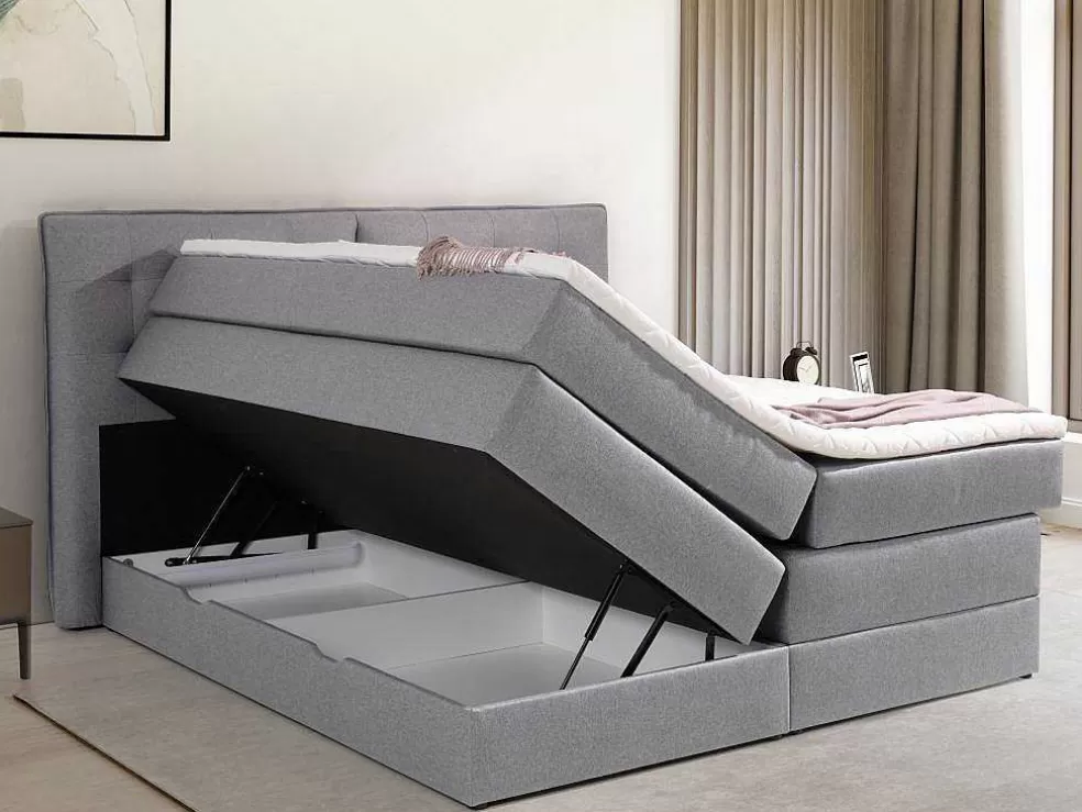 Palacio Conjunto Boxspring Cabeceira De Cama + Sommiers Com Arrumação + Colchão + Sobrecolchão, 160 X 200 Cm, Tecido Cinzento-Claro - Perama Da * Cama Boxspring, Cama Continental