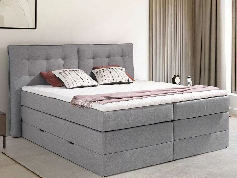 Palacio Conjunto Boxspring Cabeceira De Cama + Sommiers Com Arrumação + Colchão + Sobrecolchão, 180 X 200 Cm, Tecido Cinzento-Claro - Perama Da * Cama Boxspring, Cama Continental