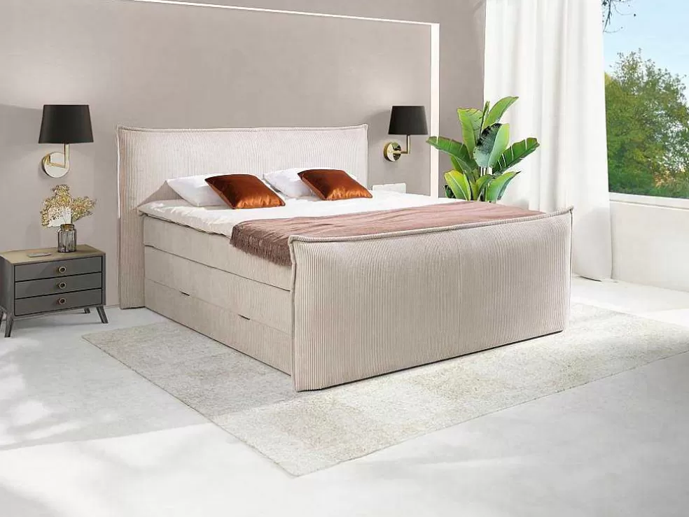 Palacio Conjunto Boxspring Cabeceira De Cama + Sommiers Com Espaco De Arrumação + Colchão + Sobrecolchão 2 X 80 X 200 Cm Veludo Canelado Marfim - Rhoda Da * Cama Boxspring, Cama Continental