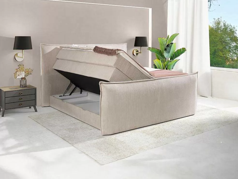 Palacio Conjunto Boxspring Cabeceira De Cama + Sommiers Com Espaco De Arrumação + Colchão + Sobrecolchão 2 X 80 X 200 Cm Veludo Canelado Marfim - Rhoda Da * Cama Boxspring, Cama Continental