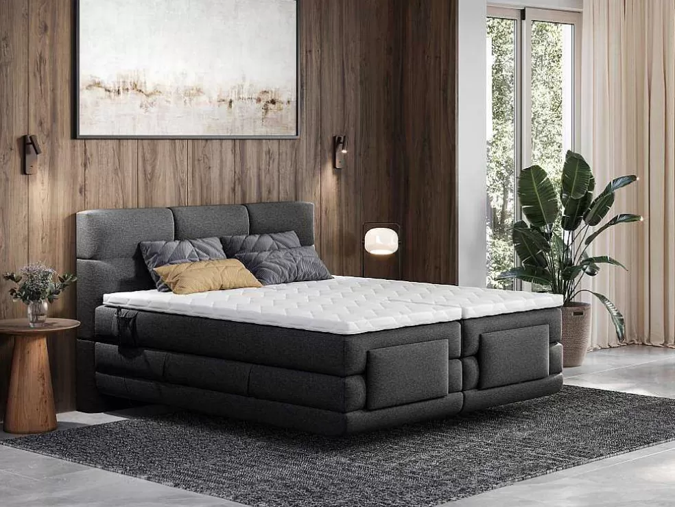 Palacio Conjunto Boxspring Cabeceira De Cama Acolchoada, Sommier Articulado Eletrico + Colchão + Sobrecolchão 2 X 90 X 200 Cm Antracite - Lodi Da * Cama De Adulto