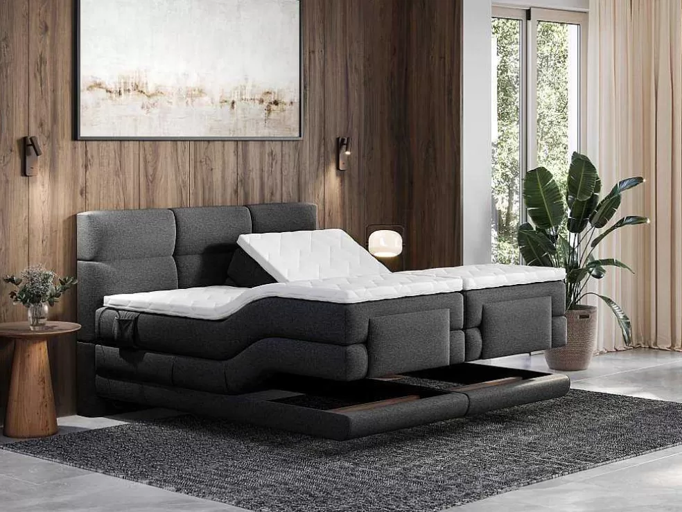 Palacio Conjunto Boxspring Cabeceira De Cama Acolchoada, Sommier Articulado Eletrico + Colchão + Sobrecolchão 2 X 90 X 200 Cm Antracite - Lodi Da * Cama De Adulto