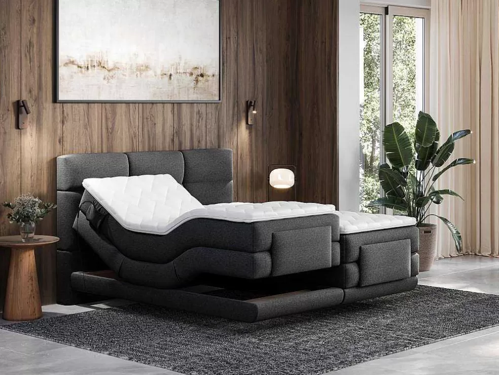 Palacio Conjunto Boxspring Cabeceira De Cama Acolchoada, Sommier Articulado Eletrico + Colchão + Sobrecolchão 2 X 90 X 200 Cm Antracite - Lodi Da * Cama De Adulto