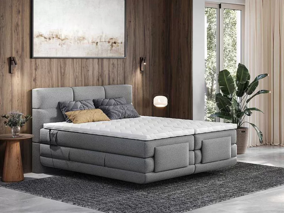 Palacio Conjunto Boxspring Cabeceira De Cama Acolchoada, Sommier Articulado Eletrico + Colchão + Sobrecolchão 2 X 80 X 200 Cm Cinzento-Claro - Lodi Da * Cama De Adulto