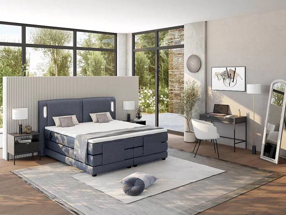 Palacio Conjunto Boxspring Cabeceira De Cama Com Leds + Sommier Articulado Eletrico + Colchão + Sobrecolchão 2 X 90 X 200 Cm Tecido Azul - Astemi Da * Cama Articulada