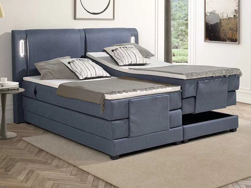 Palacio Conjunto Boxspring Cabeceira De Cama Com Leds + Sommier Articulado Eletrico + Colchão + Sobrecolchão 2 X 90 X 200 Cm Tecido Azul - Astemi Da * Cama Articulada