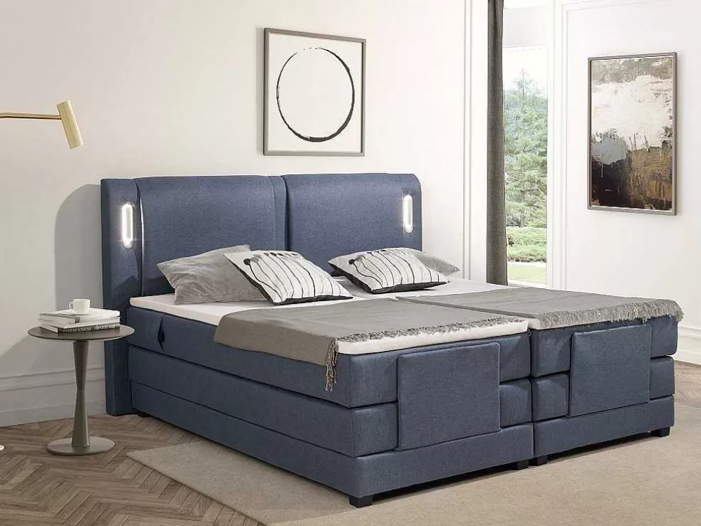 Palacio Conjunto Boxspring Cabeceira De Cama Com Leds + Sommier Articulado Eletrico + Colchão + Sobrecolchão 2 X 90 X 200 Cm Tecido Azul - Astemi Da * Cama Articulada