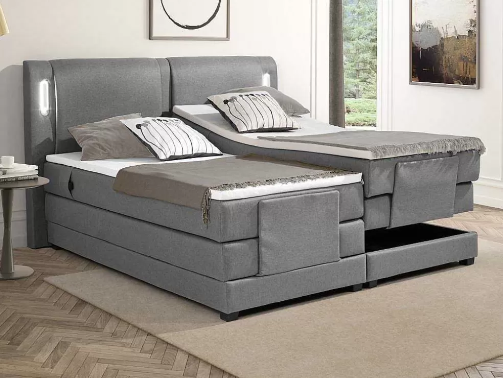 Palacio Conjunto Boxspring Cabeceira De Cama Com Leds + Sommier Articulado Eletrico + Colchão + Sobrecolchão 2 X 80 X 200 Cm Tecido Cinzento - Astemi Da * Cama Articulada