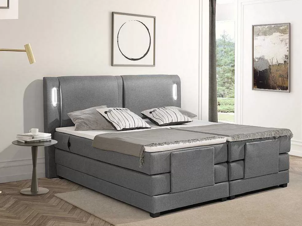 Palacio Conjunto Boxspring Cabeceira De Cama Com Leds + Sommier Articulado Eletrico + Colchão + Sobrecolchão 2 X 90 X 200 Cm Tecido Cinzento - Astemi Da * Cama De Adulto