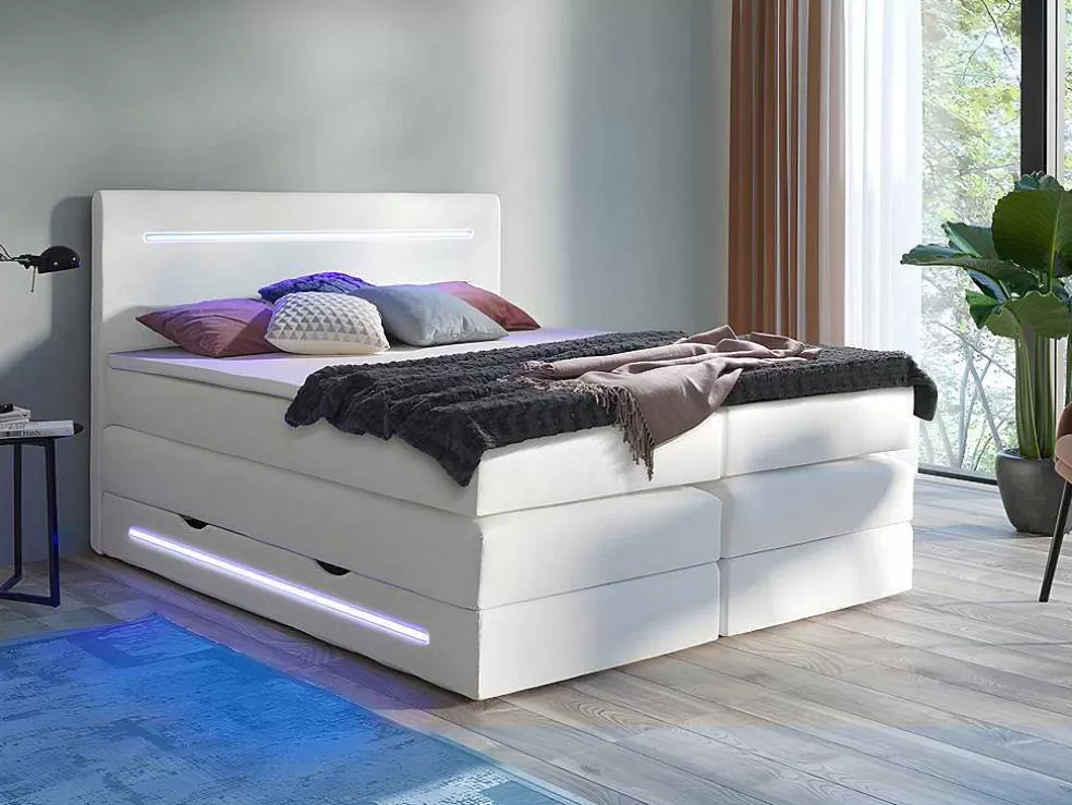 DREAMEA Conjunto Boxspring: Cabeceira, Sommier Com Arrumação, Colchão + Sobrecolchão, 160 X 200 Cm, Branco, Pele Sintética - Keros Da * Cama Boxspring, Cama Continental