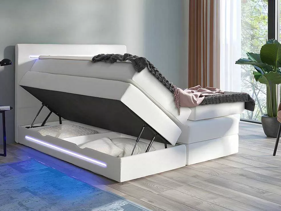 DREAMEA Conjunto Boxspring: Cabeceira, Sommier Com Arrumação, Colchão + Sobrecolchão, 160 X 200 Cm, Branco, Pele Sintética - Keros Da * Cama Boxspring, Cama Continental