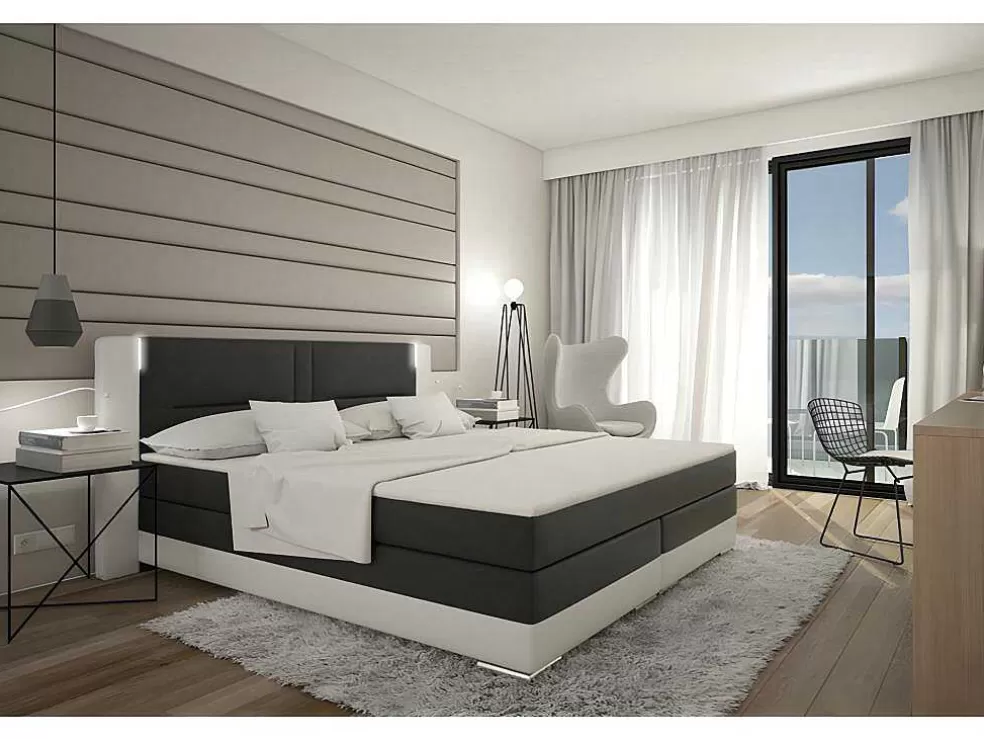 Ysmée Conjunto Boxspring Completo - Cabeceira Com Leds + Sommiers + Colchão + Sobrecolchão - 160X 200 Cm - Pele Sintética - Branco E Cinzento - Asti De Ysmee* Cama Boxspring, Cama Continental