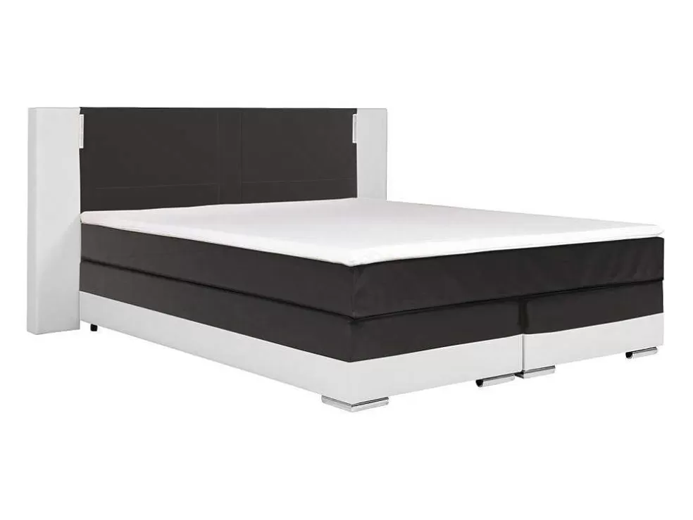 Ysmée Conjunto Boxspring Completo - Cabeceira Com Leds + Sommiers + Colchão + Sobrecolchão - 160X 200 Cm - Pele Sintética - Branco E Cinzento - Asti De Ysmee* Cama Boxspring, Cama Continental
