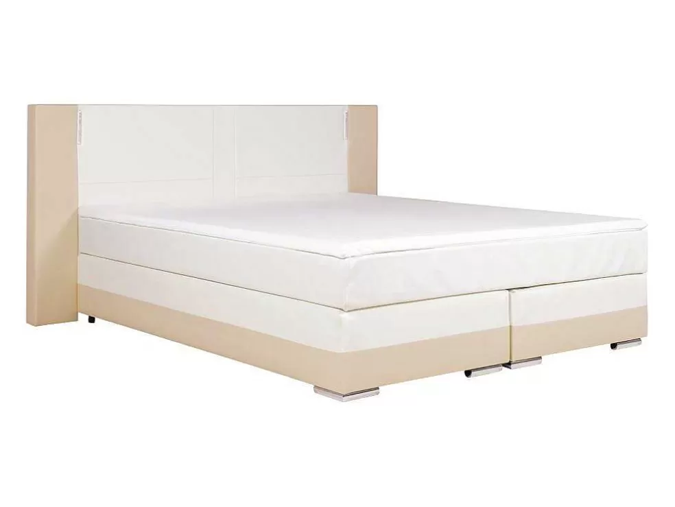 Ysmée Conjunto Boxspring Completo - Cabeceira Com Leds + Sommiers + Colchão + Sobrecolchão Asti - 160X 200 Cm - Pele Sintética - Creme E Branco* Cama Boxspring, Cama Continental