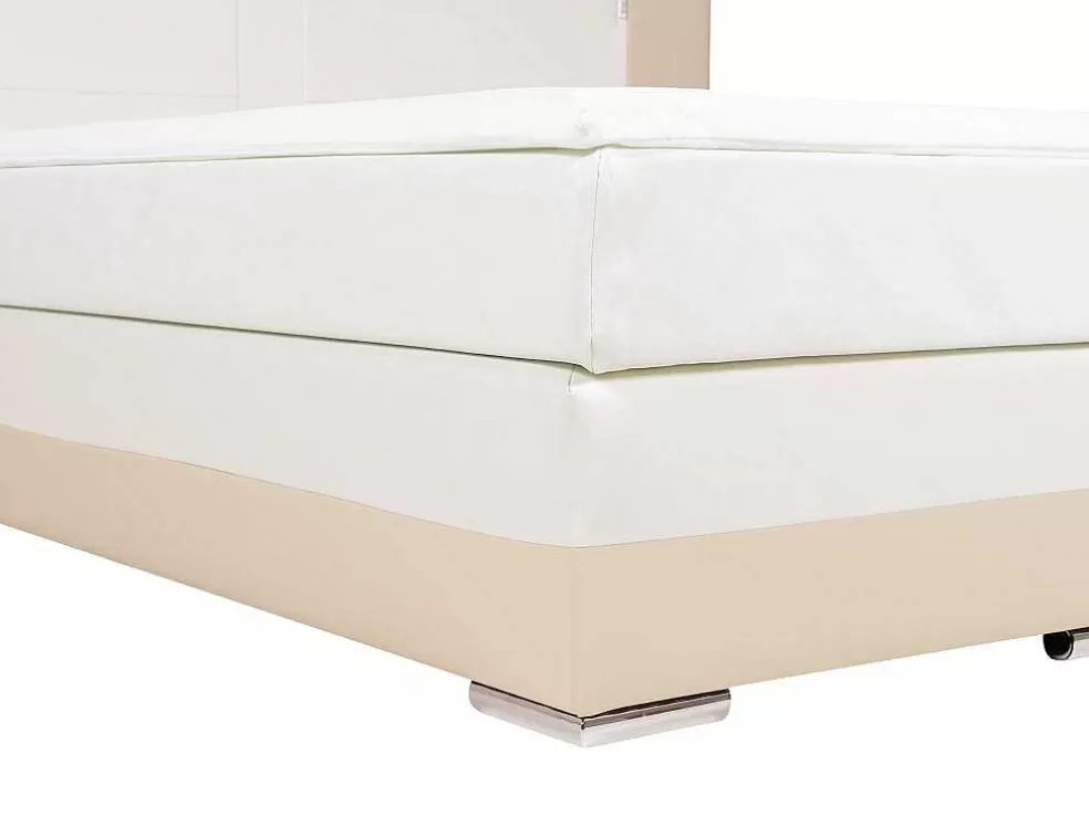 Ysmée Conjunto Boxspring Completo - Cabeceira Com Leds + Sommiers + Colchão + Sobrecolchão Asti - 160X 200 Cm - Pele Sintética - Creme E Branco* Cama Boxspring, Cama Continental