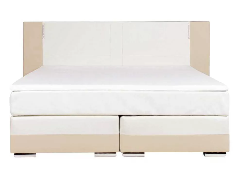 Ysmée Conjunto Boxspring Completo - Cabeceira Com Leds + Sommiers + Colchão + Sobrecolchão Asti - 160X 200 Cm - Pele Sintética - Creme E Branco* Cama Boxspring, Cama Continental