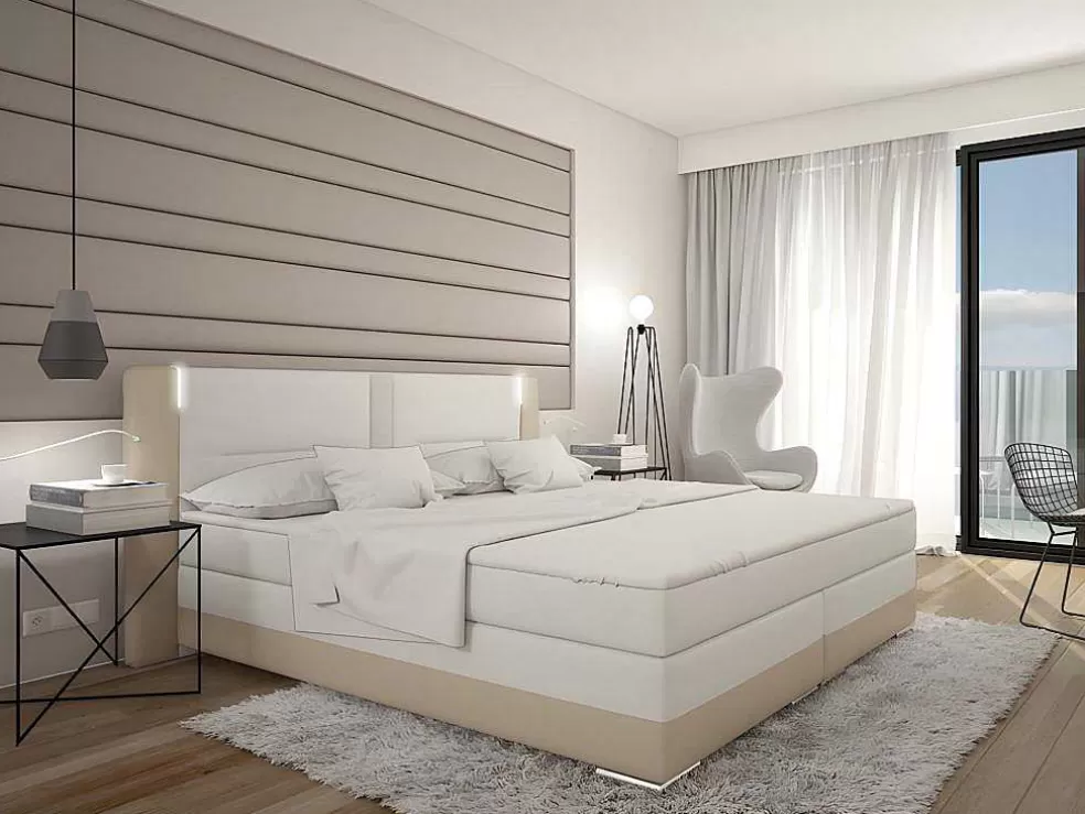Ysmée Conjunto Boxspring Completo - Cabeceira Com Leds + Sommiers + Colchão + Sobrecolchão Asti - 160X 200 Cm - Pele Sintética - Creme E Branco* Cama Boxspring, Cama Continental