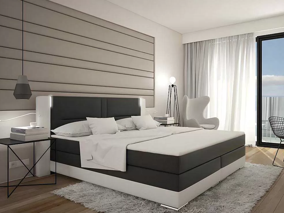 Ysmée Conjunto Boxspring Completo Cabeceira Com Leds + Sommiers + Colchão + Sobrecolchão Asti De Ysmee - 180 X 200 Cm - Pele Sintética - Branco E Cinza* Cama Boxspring, Cama Continental
