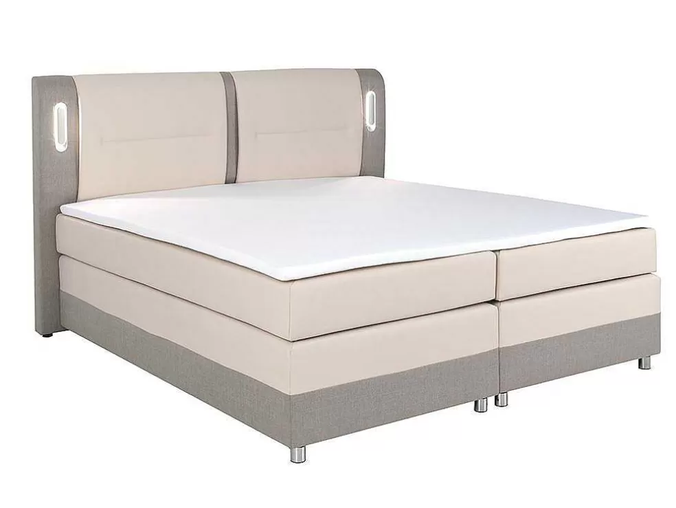 Ysmée Conjunto Boxspring Completo Cabeceira De Cama Com Leds + Sommiers + Colchão + Sobrecolchão Rimini Da Ysmee De 160 X 200 Cm Em Tecido E Pele Sintética Cor Bege E Cor Creme* Cama Boxspring, Cama Continental