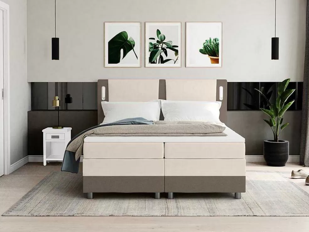 Ysmée Conjunto Boxspring Completo Cabeceira De Cama Com Leds + Sommiers + Colchão + Sobrecolchão Rimini Da Ysmee De 160 X 200 Cm Em Tecido E Pele Sintética Cor Bege E Cor Creme* Cama Boxspring, Cama Continental