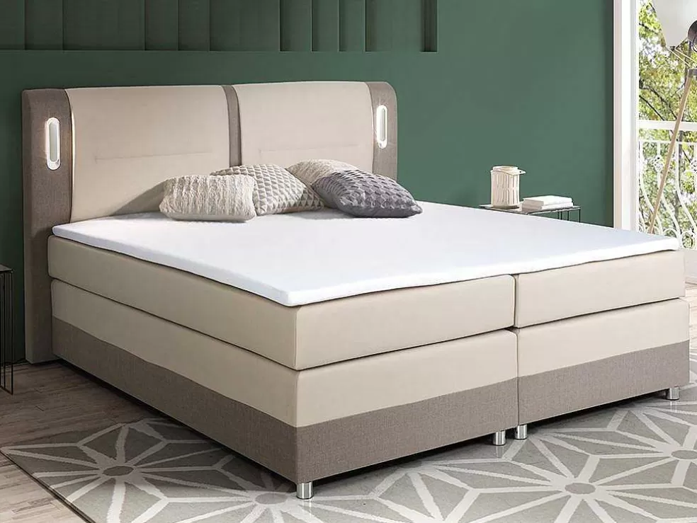 Ysmée Conjunto Boxspring Completo Cabeceira De Cama Com Leds + Sommiers + Colchão + Sobrecolchão Rimini Da Ysmee De 160 X 200 Cm Em Tecido E Pele Sintética Cor Bege E Cor Creme* Cama Boxspring, Cama Continental