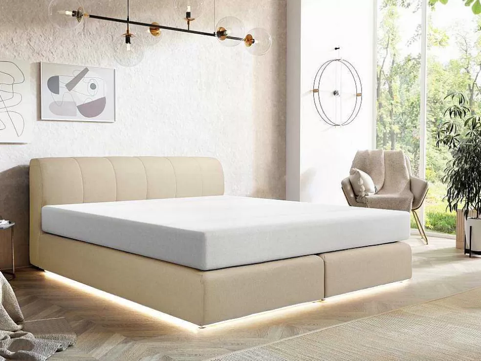 Ysmée Conjunto Completo Boxspring Cabeceira De Cama + Sommier Com Leds + Colchão 160X200 Cm Tecido Bege - Otaru De Ysmee* Cama Boxspring, Cama Continental