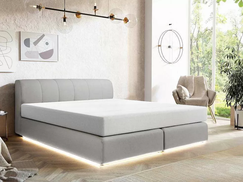 Ysmée Conjunto Completo Boxspring Cabeceira De Cama + Sommier Com Leds + Colchão 160X200 Cm Tecido Cinza - Otaru De Ysmee* Cama Boxspring, Cama Continental