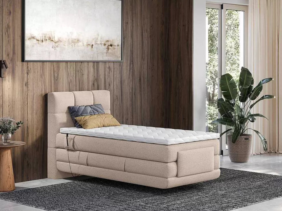 Palacio Conjunto Completo Boxspring, Cabeceira De Cama Acolchoada + Sommiers Articulados Eletricos + Colchão + Sobrecolchão 100X200 Cm Tecido Bege - Lodi Da * Cama Articulada